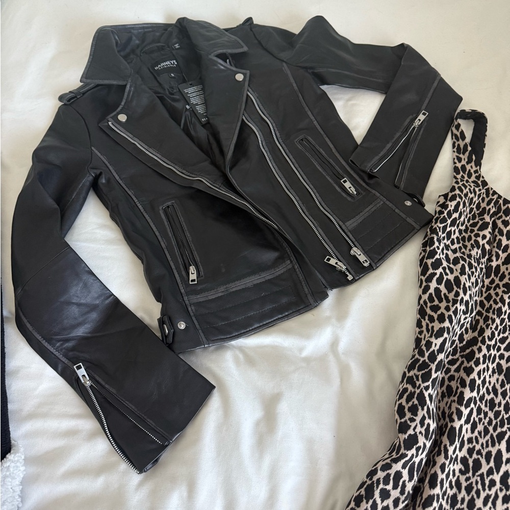 Barney’s Originals -Black Leather Moto Jacket with Silver Accents